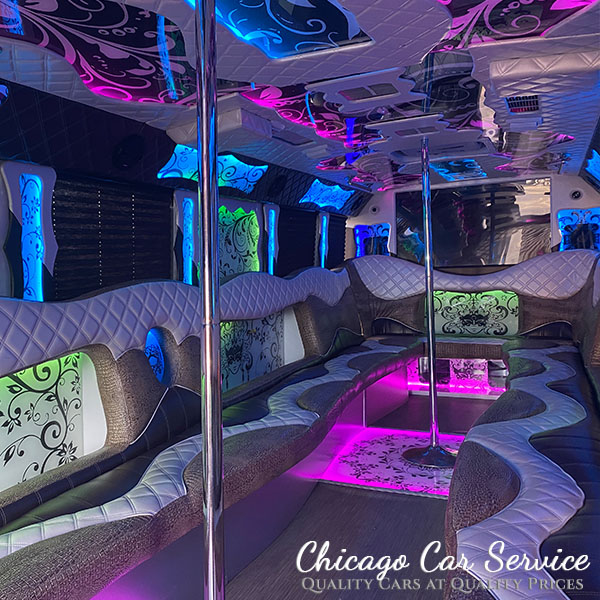 34-passenger Chicago party bus rentals interior